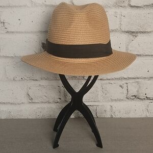 H&M Tan Straw Fedora Black Band Summer Beach Sun Hat